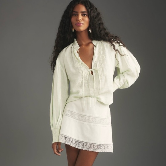 By Anthropologie Linen Long-Sleeve Blouse Mint NWT Size Large Petite - Picture 8 of 9